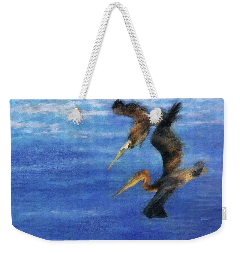 Brown Pelicans Weekender Tote Bag featuring the digital art Brown Pelicans Fishing by Russ Harris