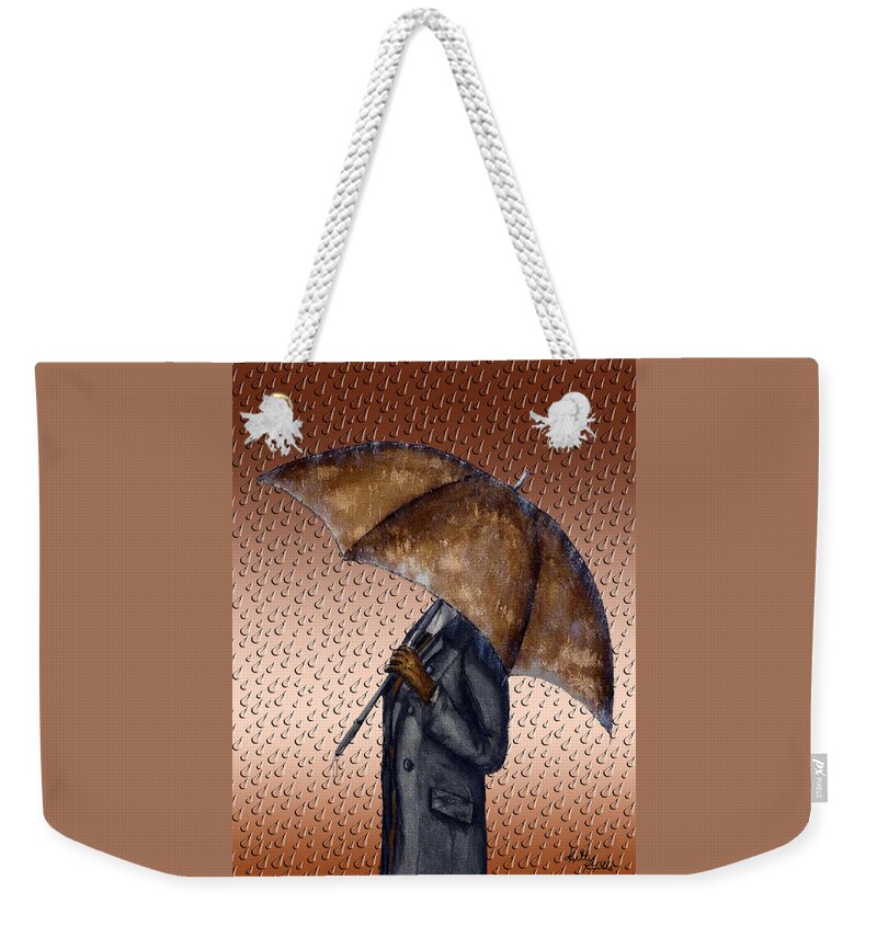 Brown Umbrella Weekender Tote Bag featuring the painting Brown Umbrella and Raindrops by Kelly Mills