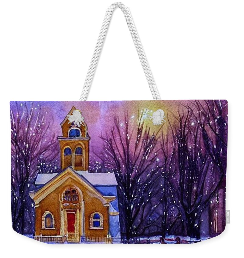 Brownstone Weekender Tote Bag featuring the painting Brownstone Church in Rural Pennsylvania by Christopher Lotito