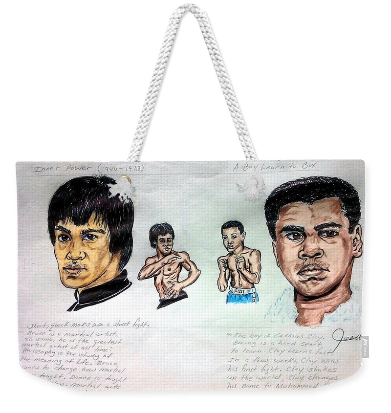  Weekender Tote Bag featuring the drawing Bruce Lee with Muhammad Ali by Joedee