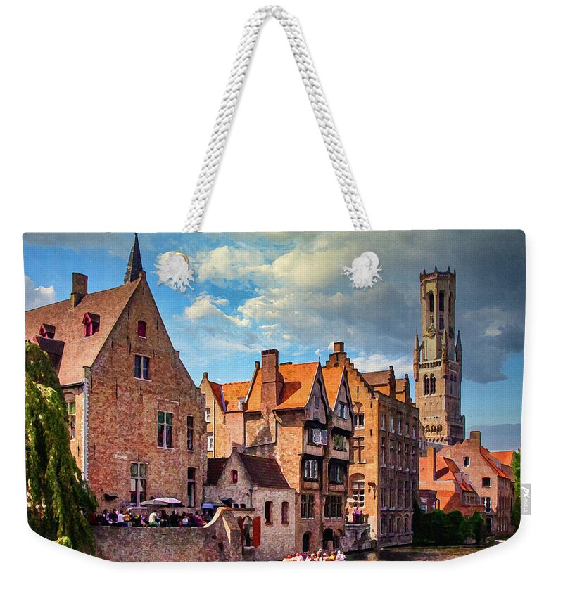 Bruges Weekender Tote Bag featuring the digital art Bruges Canal and Belfry Tower Dry Brush on Sandstone by Ron Long Ltd Photography