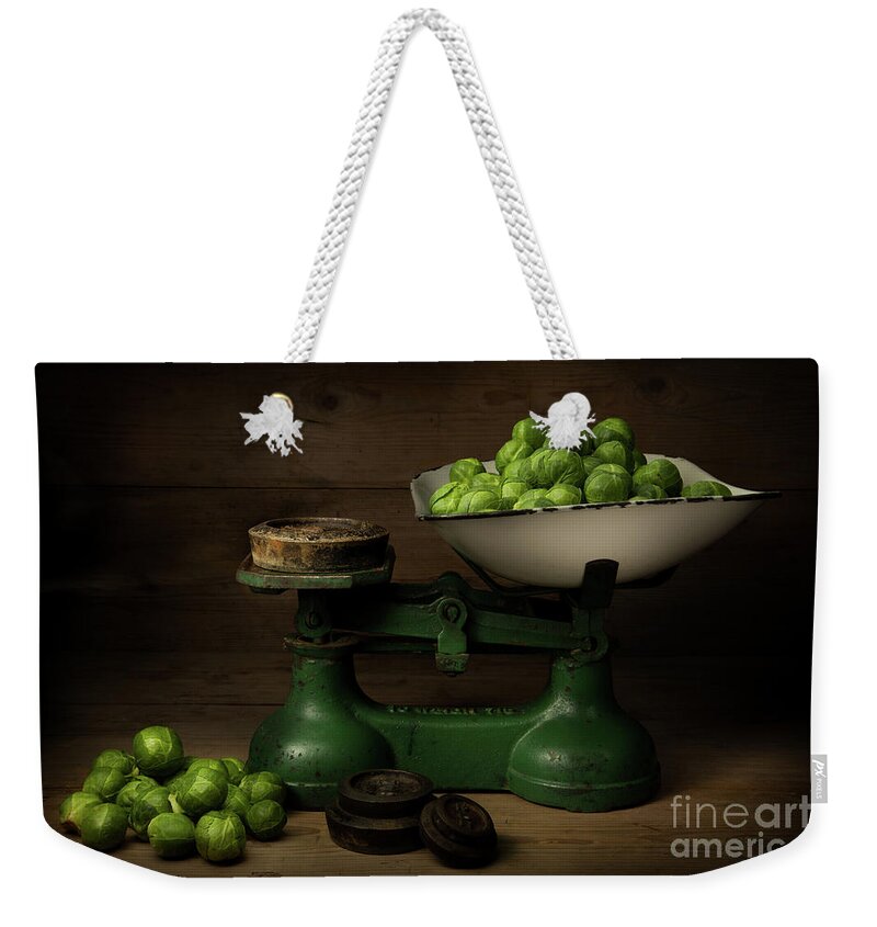 Brussel Sprouts Weekender Tote Bag featuring the photograph Brussel Sprouts on Weighing Scales by Martin Williams