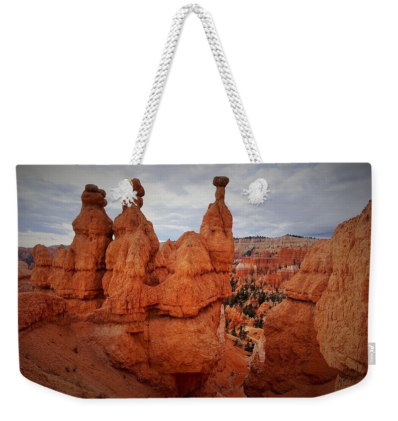 Bryce Canyon National Park Weekender Tote Bag featuring the photograph Bryce National Park - Three Hoodoos by Yvonne Jasinski
