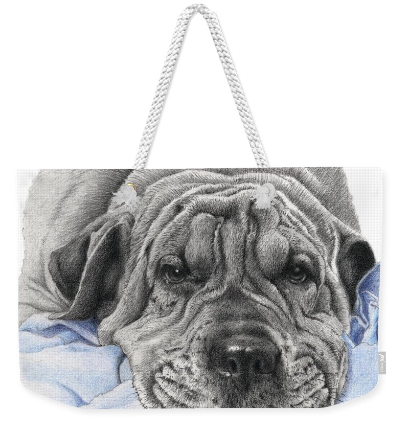 Dog Weekender Tote Bag featuring the drawing Bubba by Louise Howarth