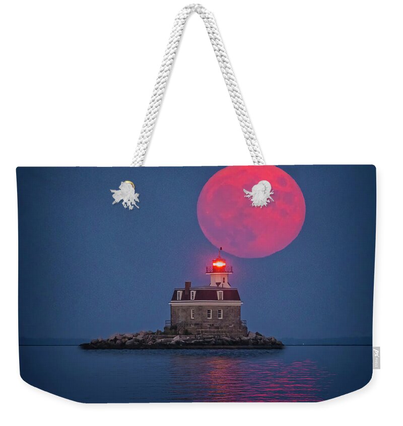 Penfield Reef Lighhouse Weekender Tote Bag featuring the photograph Buck Full Moon CT by Susan Candelario