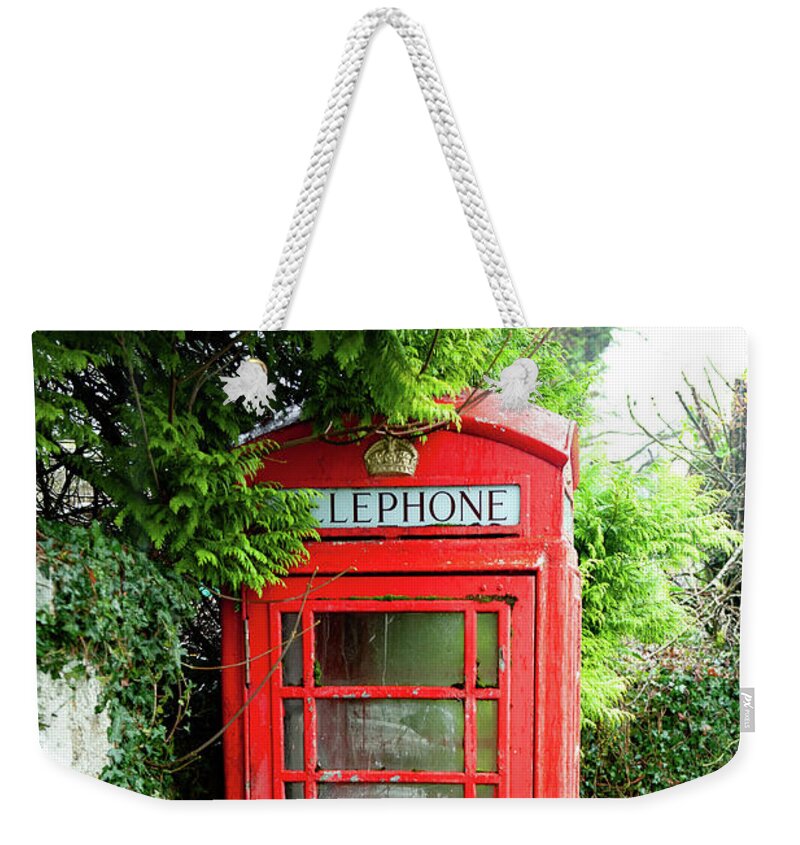 Buckland In The Moor Red Telephone Box Dartmoor Weekender Tote Bag featuring the photograph Buckland in the Moor Red Telephone Box Dartmoor by Helen Jackson