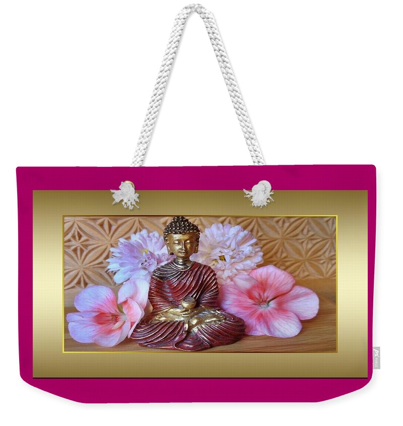 Buddha Weekender Tote Bag featuring the photograph Buddha and Flowers by Nancy Ayanna Wyatt