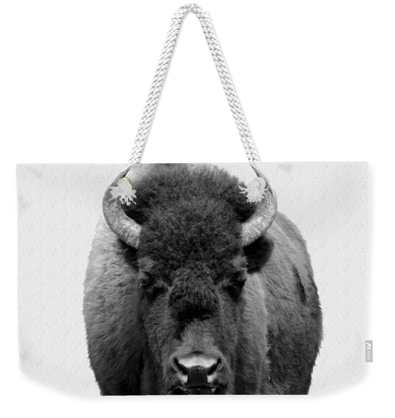 Buffalo Weekender Tote Bag featuring the photograph Buffalo Photo 135 black and white by Lucie Dumas