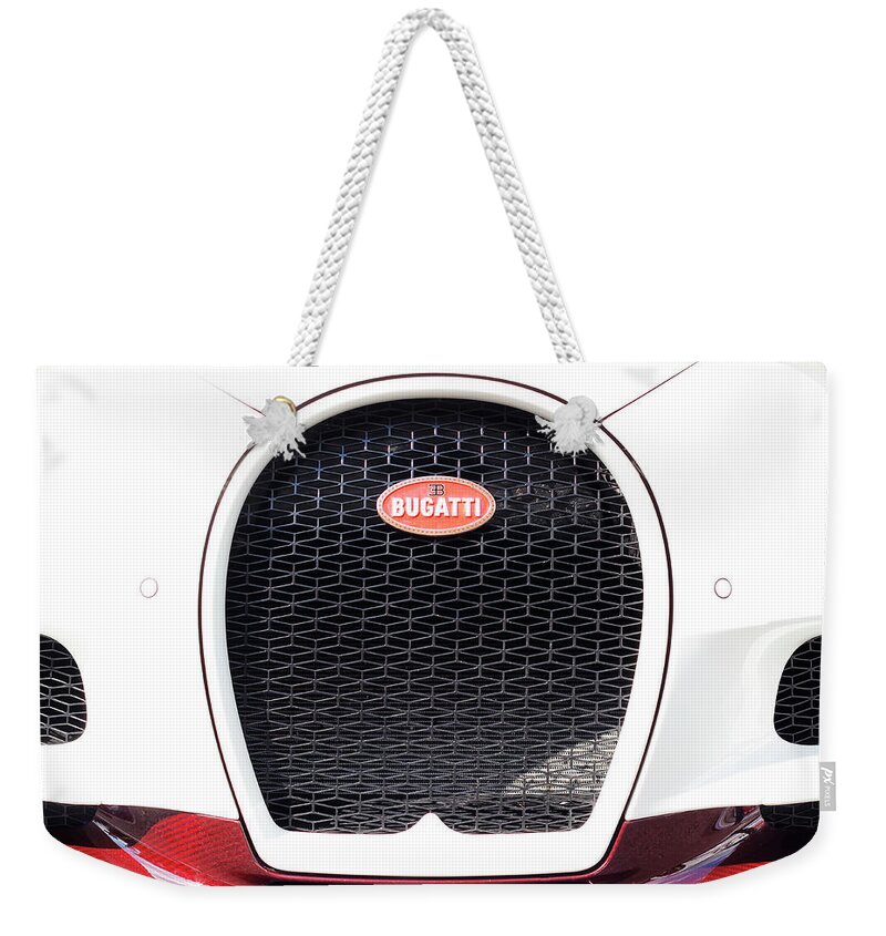 Bugatti Weekender Tote Bag featuring the photograph Bugatti Chiron Sport's iconic horseshoe-shaped grill by Helga Novelli