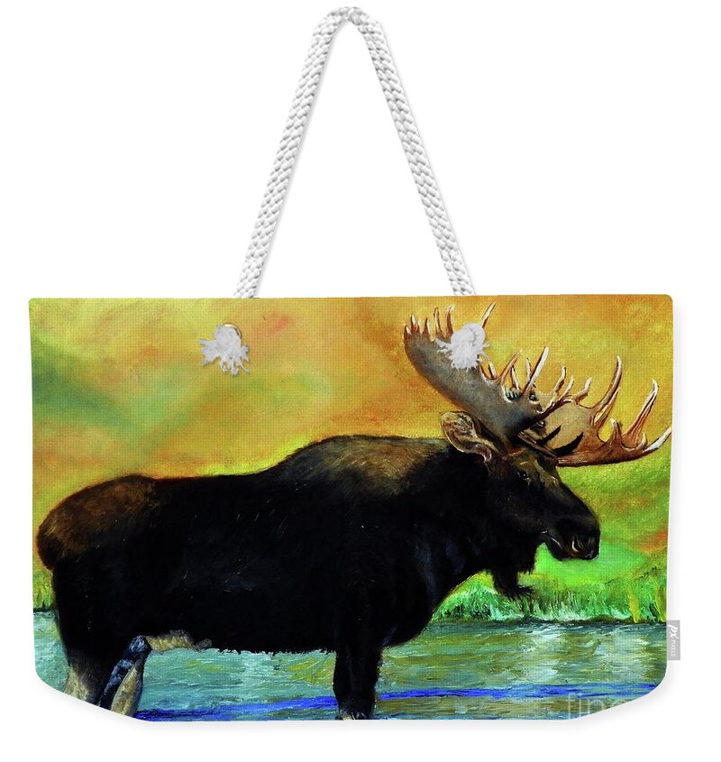 Sherril Porter Weekender Tote Bag featuring the painting Bull Moose in Mid Stream by Sherril Porter