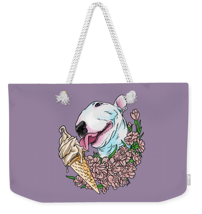 Bull Terrier Weekender Tote Bag featuring the digital art Bull Terrier Loving Ice Cream by Jindra Noewi