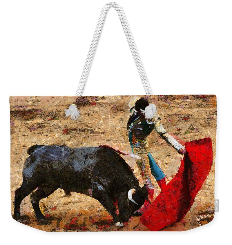 Bull Weekender Tote Bag featuring the painting Bullfighting by Charlie Roman