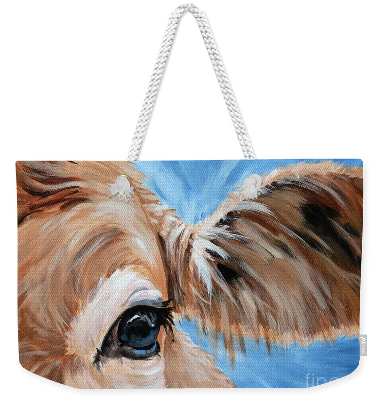 Cow Weekender Tote Bag featuring the painting Bulls Eye - Cow Painting by Annie Troe