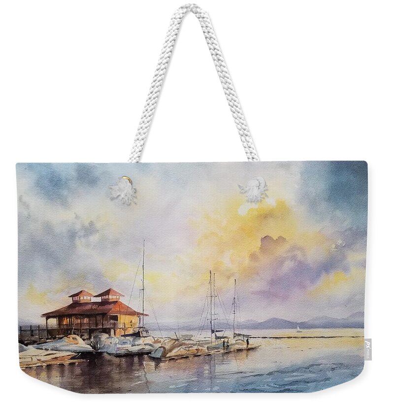 Burlington Weekender Tote Bag featuring the painting Burlington Boathouse by Amanda Amend