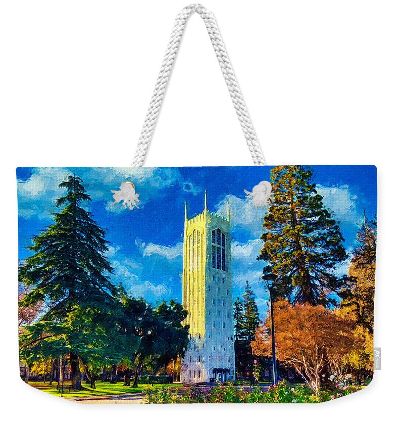 Burns Tower Weekender Tote Bag featuring the digital art Burns Tower of the University of the Pacific in Stockton, California by Nicko Prints