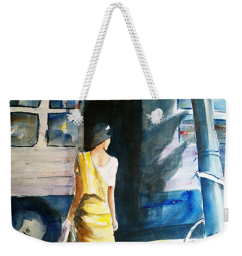 Woman Weekender Tote Bag featuring the painting Bus Stop - Woman Boarding the Bus by Carlin Blahnik CarlinArtWatercolor