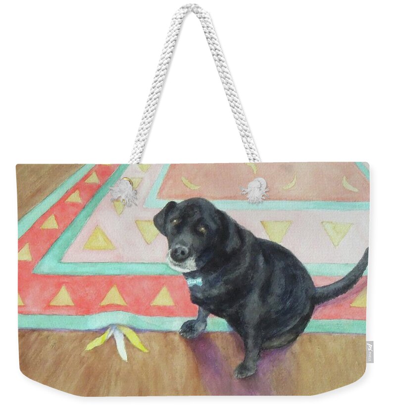 Black Lab Weekender Tote Bag featuring the painting Busted by Phyllis Andrews