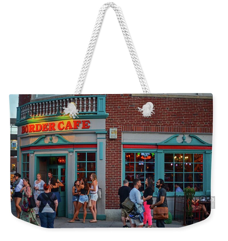Cambridge Weekender Tote Bag featuring the photograph Bustling Summer Evening at the Border Cafe Church Street Harvard Square 2014 by Toby McGuire