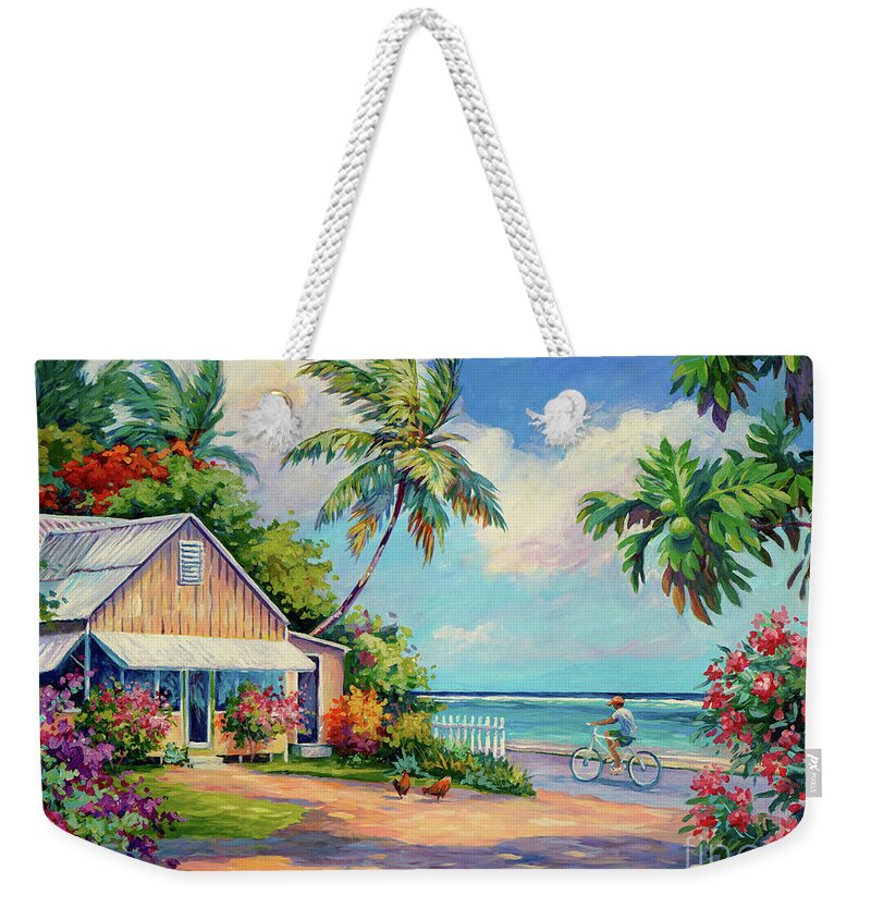 Cycling Weekender Tote Bag featuring the painting Busy Day in North Side by John Clark