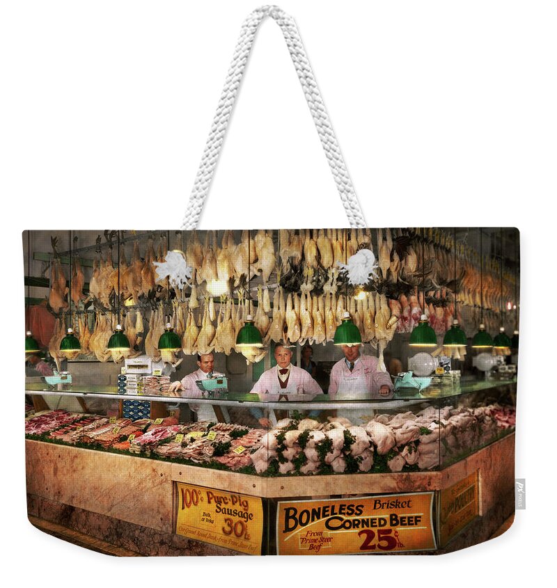 Butcher Weekender Tote Bag featuring the photograph Butcher - Hooked on chicken 1931 by Mike Savad