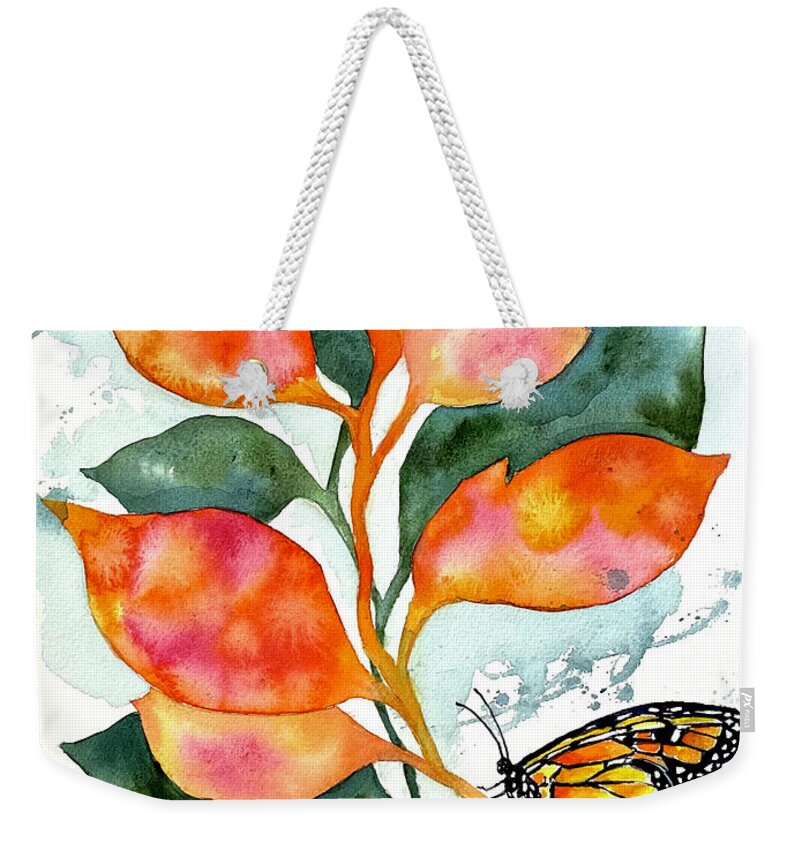 Butterfly Weekender Tote Bag featuring the painting Butterfly and Leaves by Hilda Vandergriff