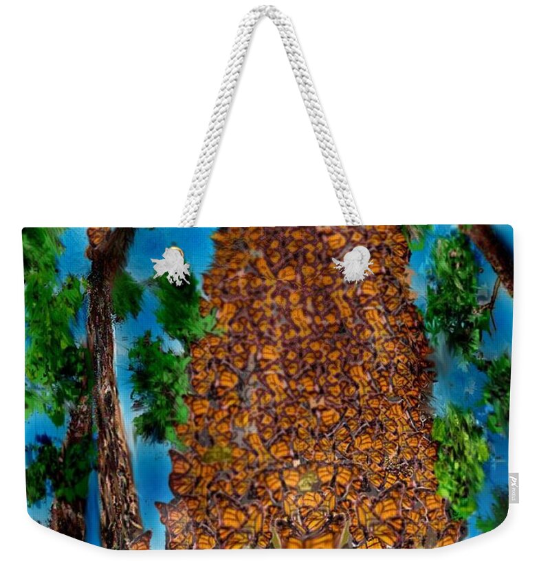 Sketch With Pencil Colored Digitally Oyamel Tree Butterfly Tree Weekender Tote Bag featuring the mixed media Butterfly Haven by Pamela Calhoun
