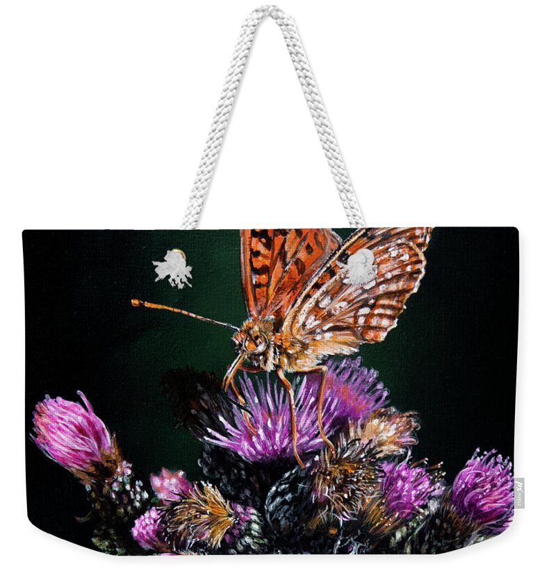 Butterfly Weekender Tote Bag featuring the painting Butterfly on Pink Flowers by Lachri