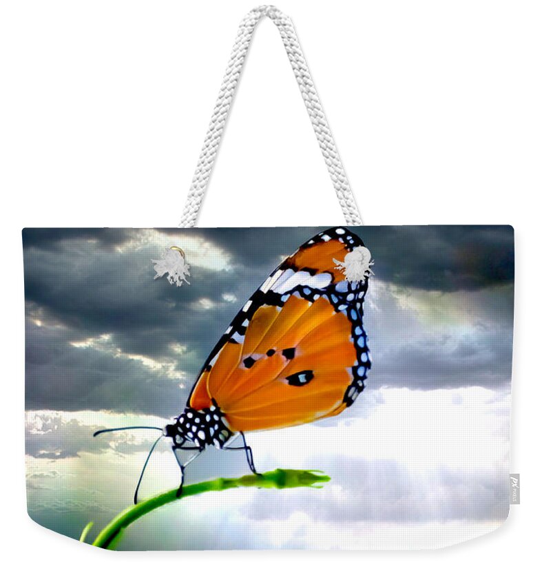 Butterfly Weekender Tote Bag featuring the digital art Butterfly On Stem by Steven Parker
