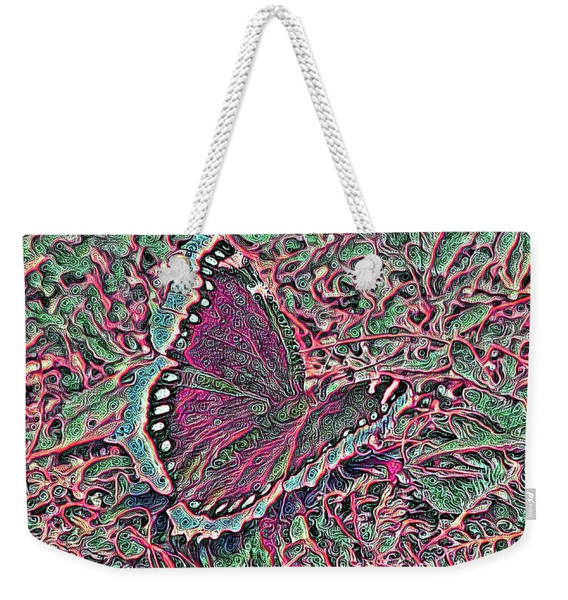 Butterfly Weekender Tote Bag featuring the digital art Butterfly Pause by Elaine Berger