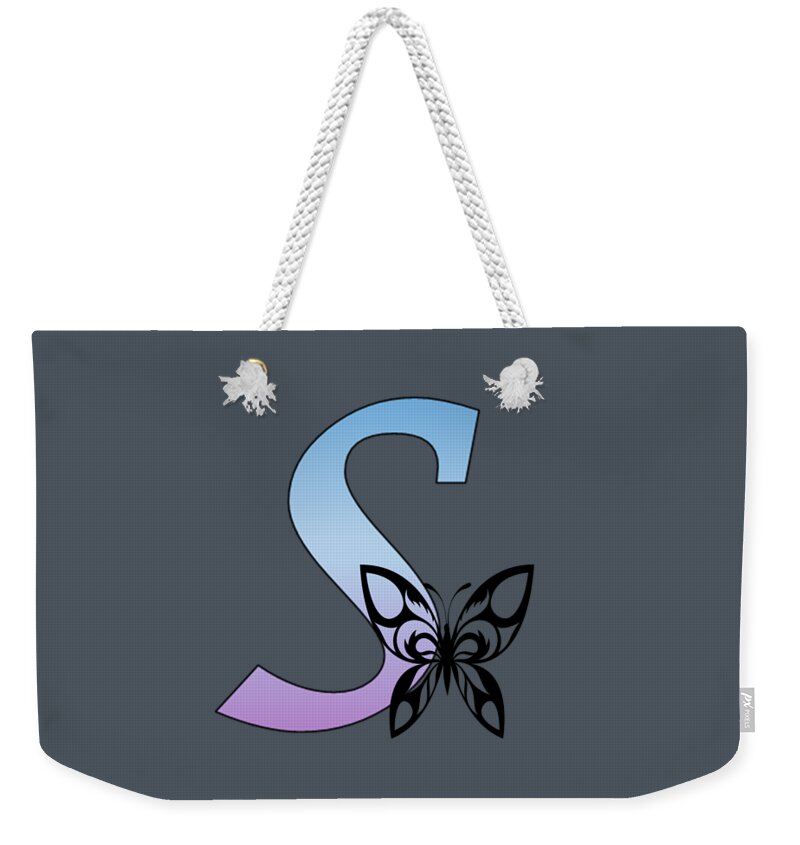 Monogram Weekender Tote Bag featuring the digital art Butterfly Silhouette on Monogram Lower Case s Gradient Blue Purple by Ali Baucom