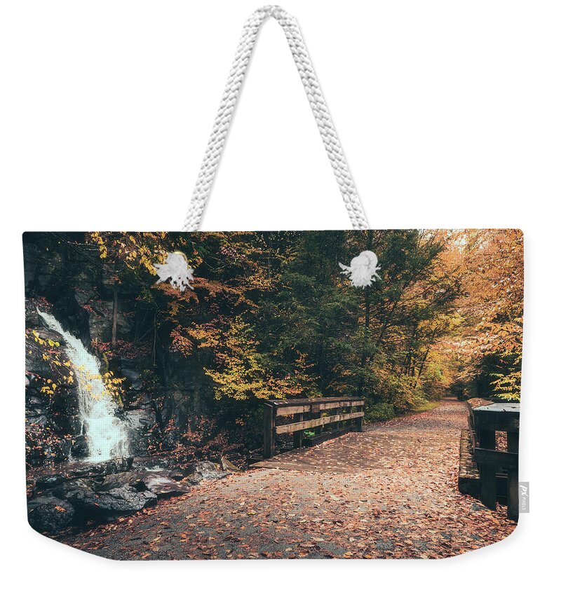 Waterfall Weekender Tote Bag featuring the photograph Buttermilk Falls and DL Trail in Autumn by Jason Fink