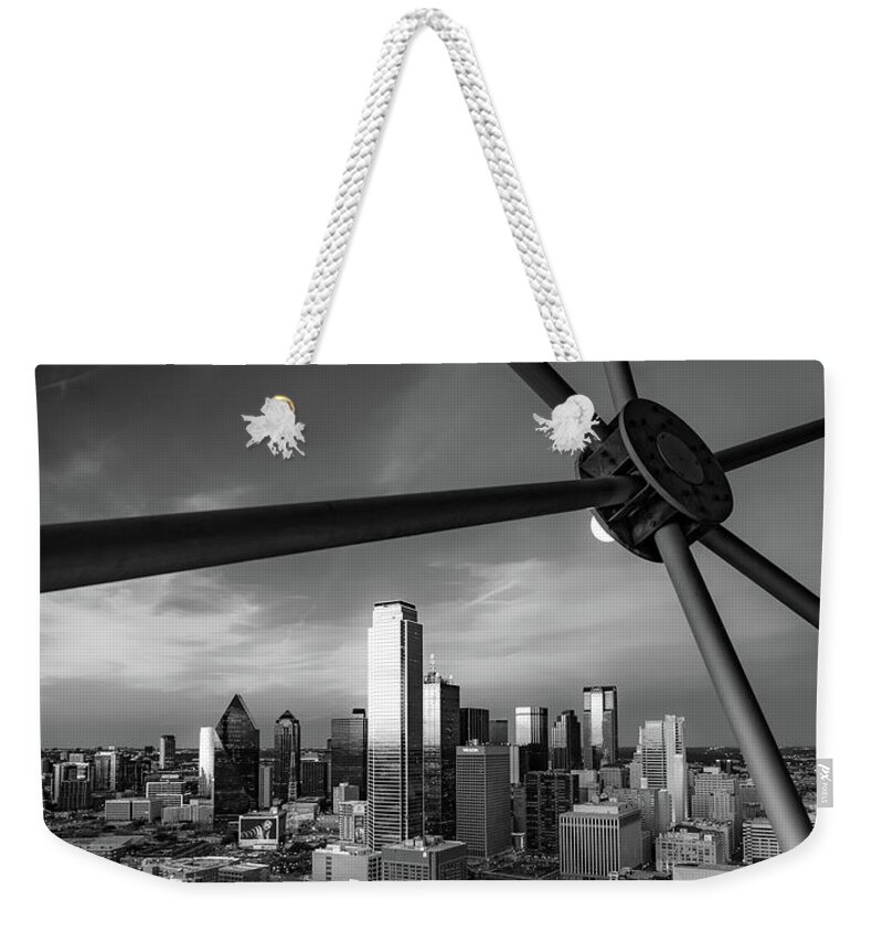 Dallas Panorama Weekender Tote Bag featuring the photograph BW Dallas Texas Skyline Panorama From Reunion Tower by Gregory Ballos
