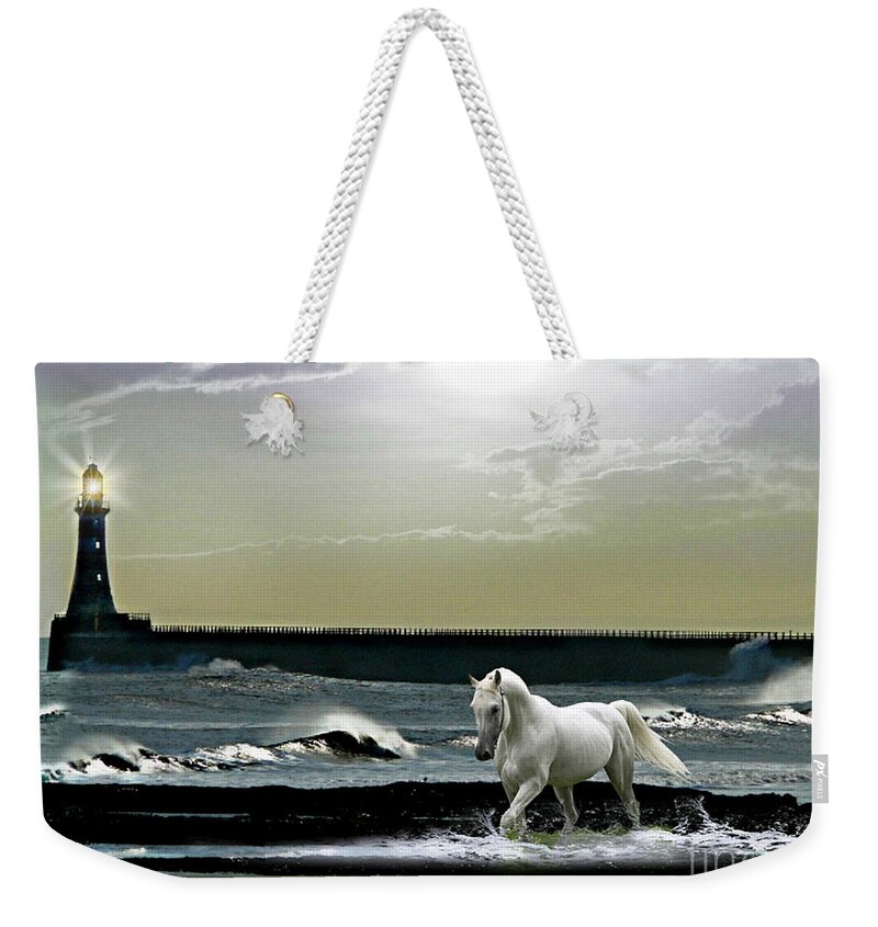 Sunderland Greeting Cards Weekender Tote Bag featuring the mixed media By the Light of the Silvery Moon by Morag Bates