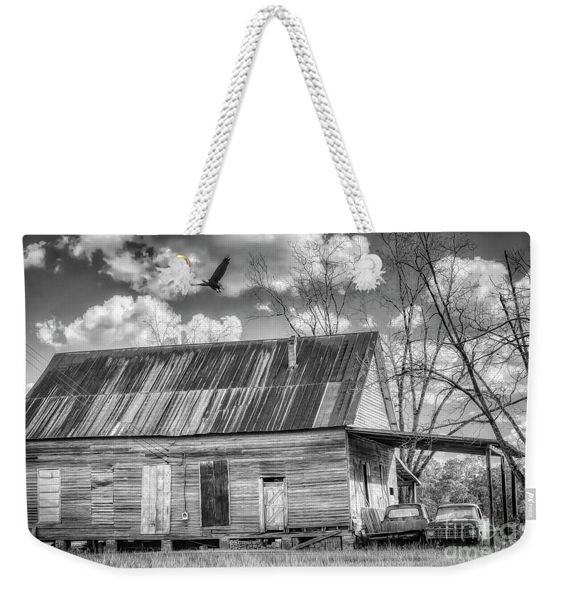 Black & White Weekender Tote Bag featuring the mixed media Bygone In Black and White by DB Hayes