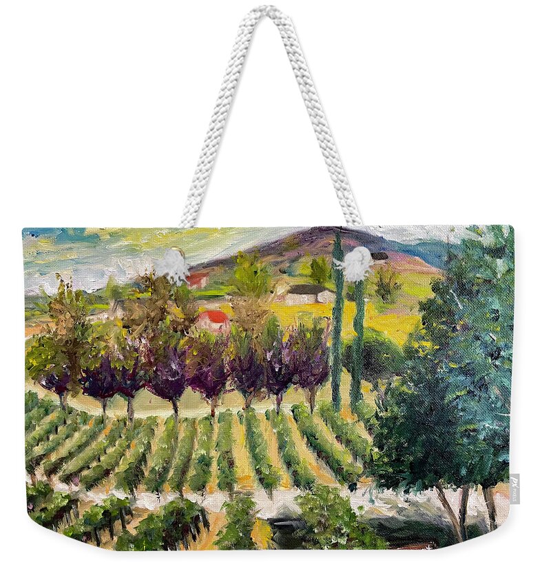 Oak Mountain Weekender Tote Bag featuring the painting Cabernet Lot at Oak Mountain Winery by Roxy Rich