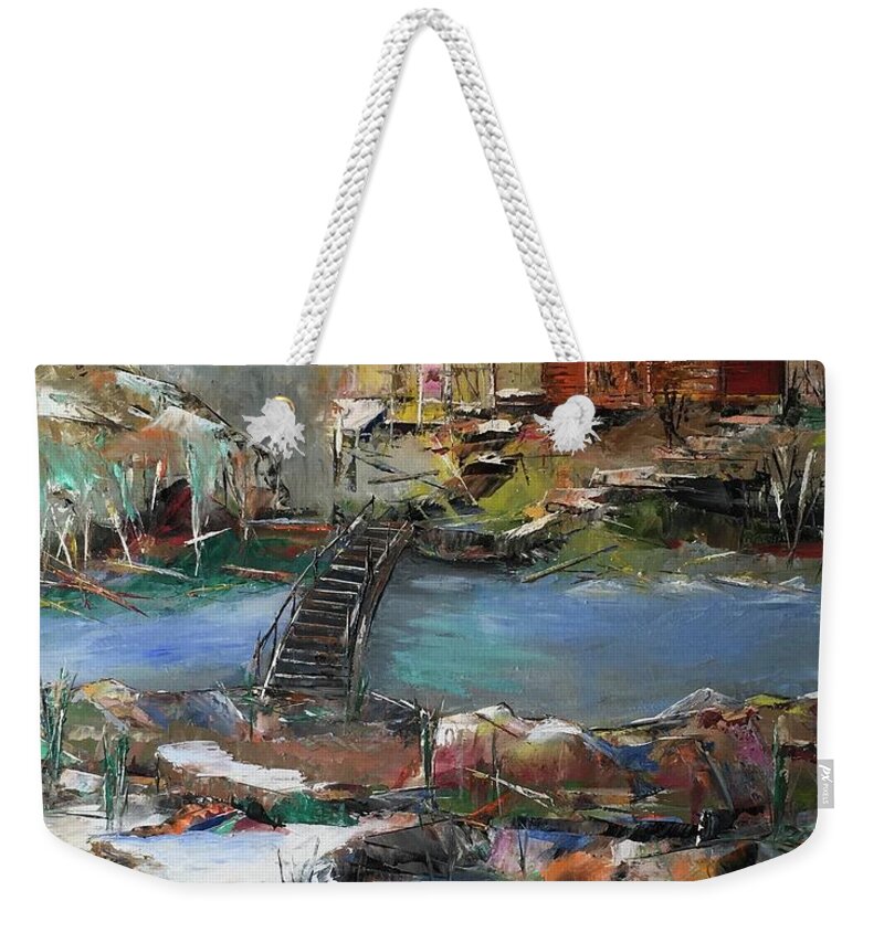 Cabin Weekender Tote Bag featuring the painting Cabin by the river by Maria Karlosak