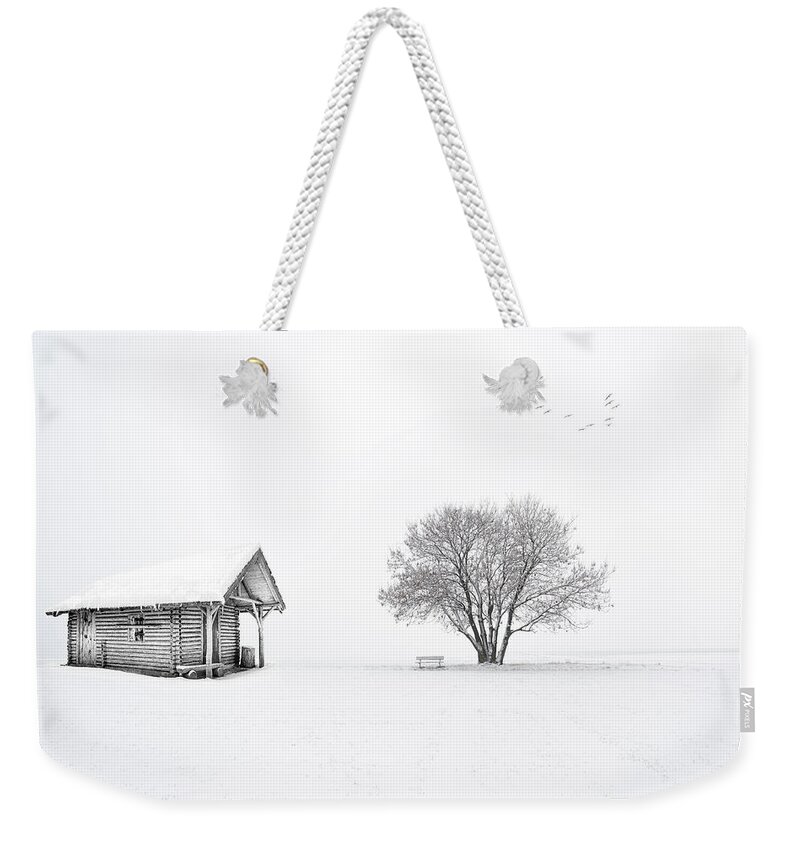 Cabin Weekender Tote Bag featuring the photograph Cabin In The Snow by James DeFazio