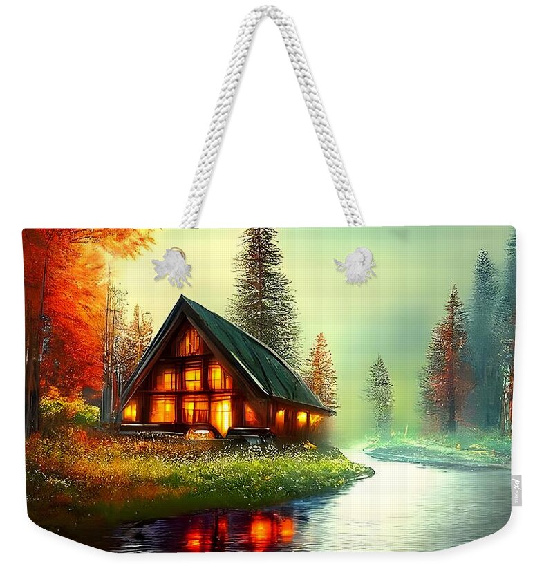 Digital Weekender Tote Bag featuring the digital art Cabin on a River by Beverly Read