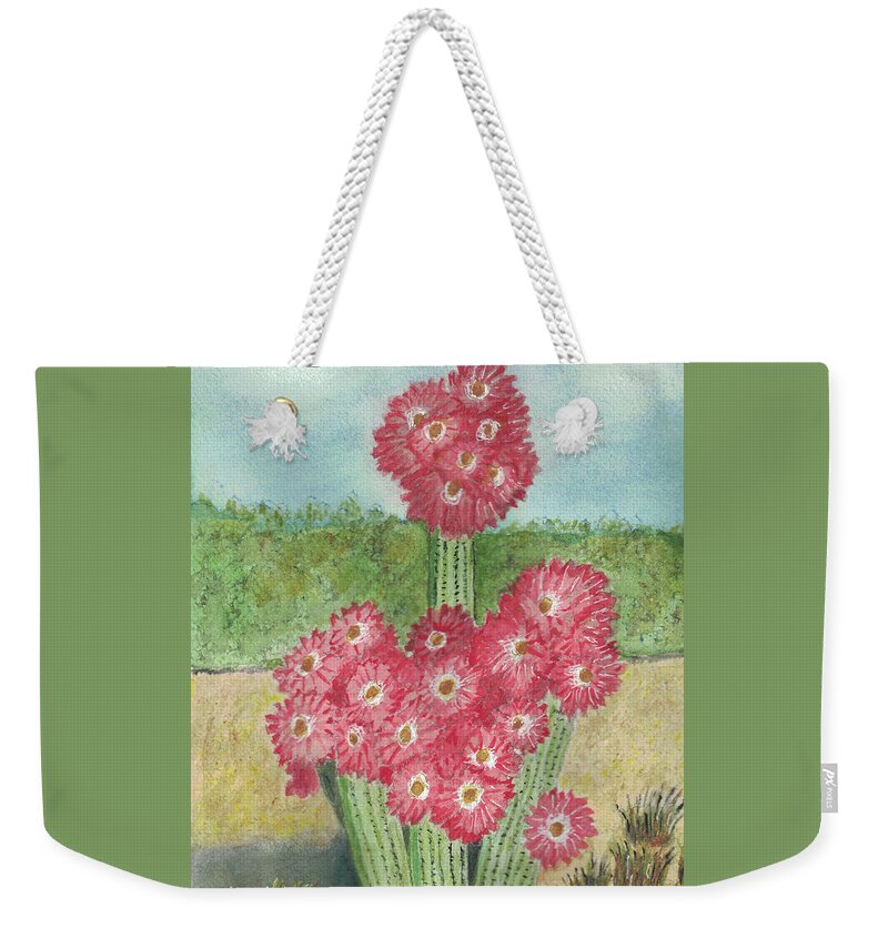 Pink Weekender Tote Bag featuring the painting Cactus in Bloom by Mary M Collins