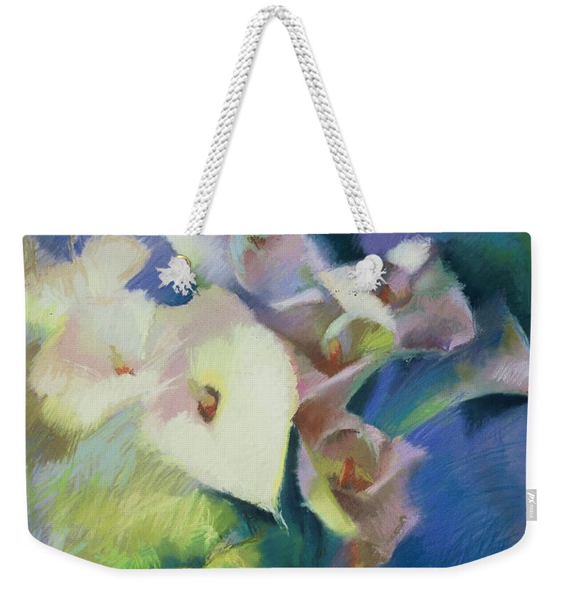 Cala Lilies Weekender Tote Bag featuring the painting Cala Lilies by Cathy Locke
