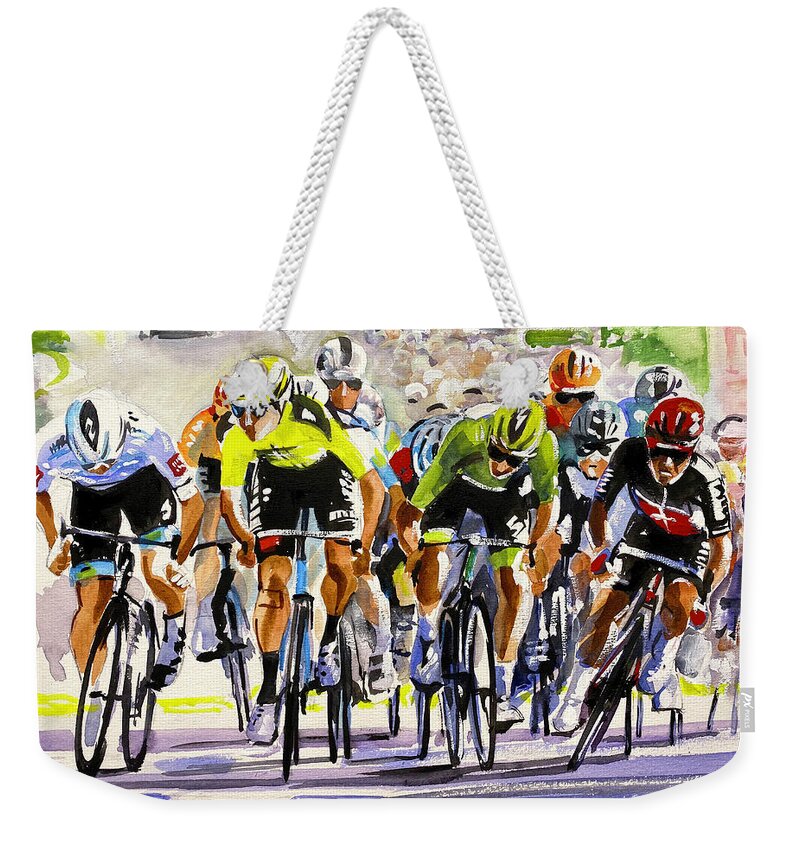 Letour Weekender Tote Bag featuring the painting Caleb Ewan Wins Against Bennett not Sagan-sm by Shirley Peters