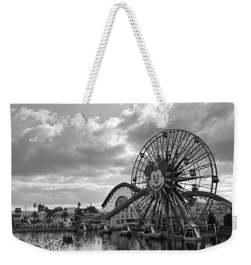 Digital B&w Pier Adventureland Wheel Weekender Tote Bag featuring the digital art California Adventureland by Beverly Read
