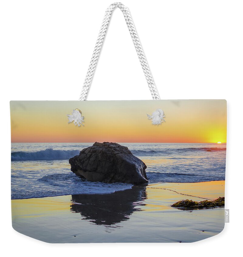 Malibu Weekender Tote Bag featuring the photograph California Beach Sunset with Rock Reflection by Matthew DeGrushe