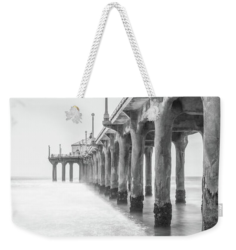 2017 Weekender Tote Bag featuring the photograph California Manhattan Beach Pier Black and White Panorama Photo by Paul Velgos