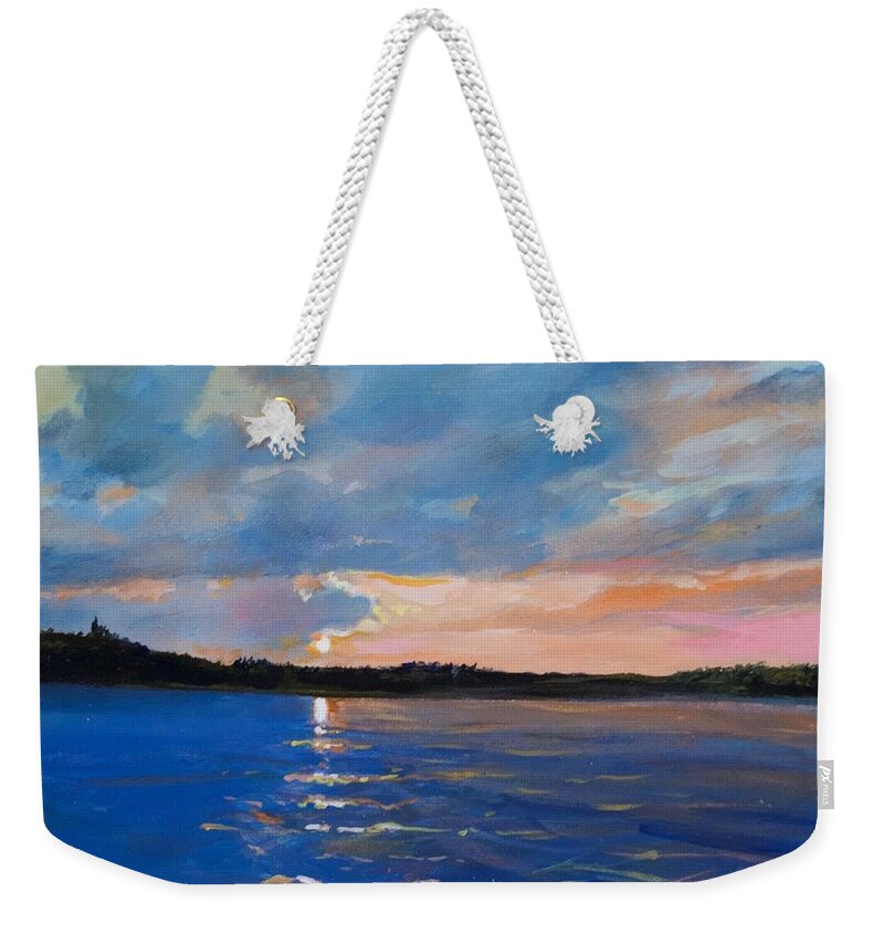 Waltmaes#sunset#candian Sunset#sunset On Lake Kipawa Canada#pink Sky Sunset Non Lake#northern Canada Lake Sunset# Sunset On Lake In Quebec Weekender Tote Bag featuring the painting Call it a day by Walt Maes