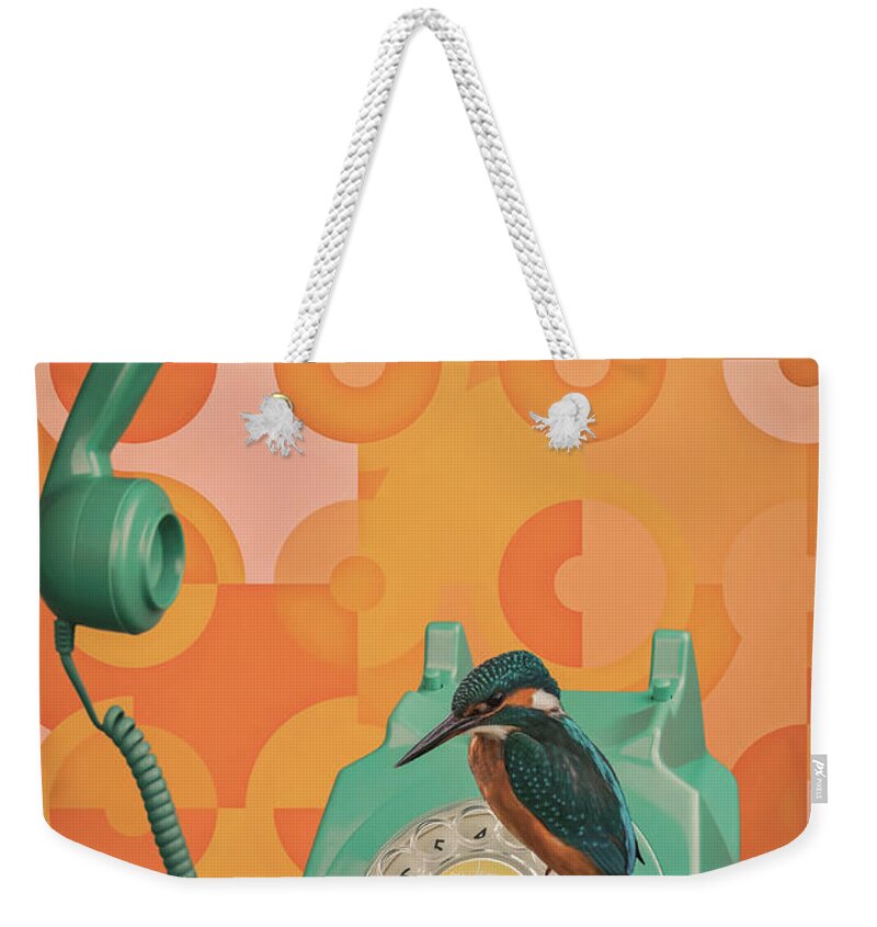Retro Weekender Tote Bag featuring the digital art Calling you, orange and blue by Marjolein Van Middelkoop