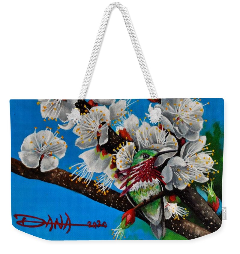 Birds Weekender Tote Bag featuring the painting Calliope on Plum Blossoms by Dana Newman