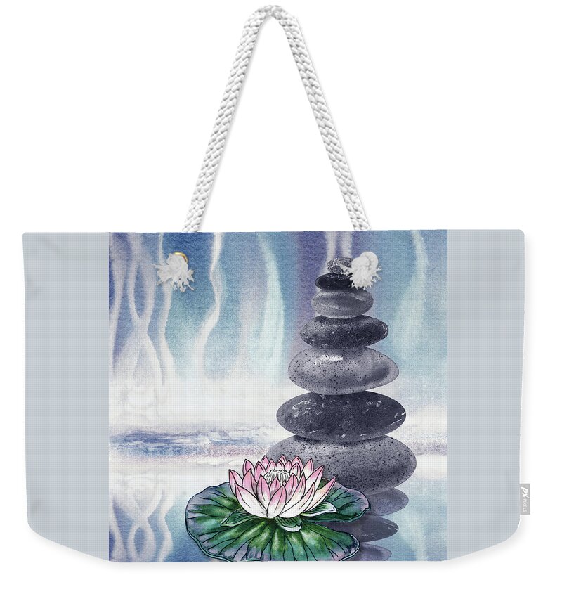 Zen Rocks Weekender Tote Bag featuring the painting Calm Peaceful Relaxing Zen Rocks Cairn With Flower Meditative Spa Collection Watercolor Art VIII by Irina Sztukowski