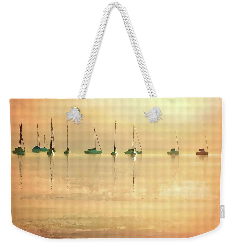 Fishing Boats Weekender Tote Bag featuring the mixed media Calm Waters by Shelli Fitzpatrick
