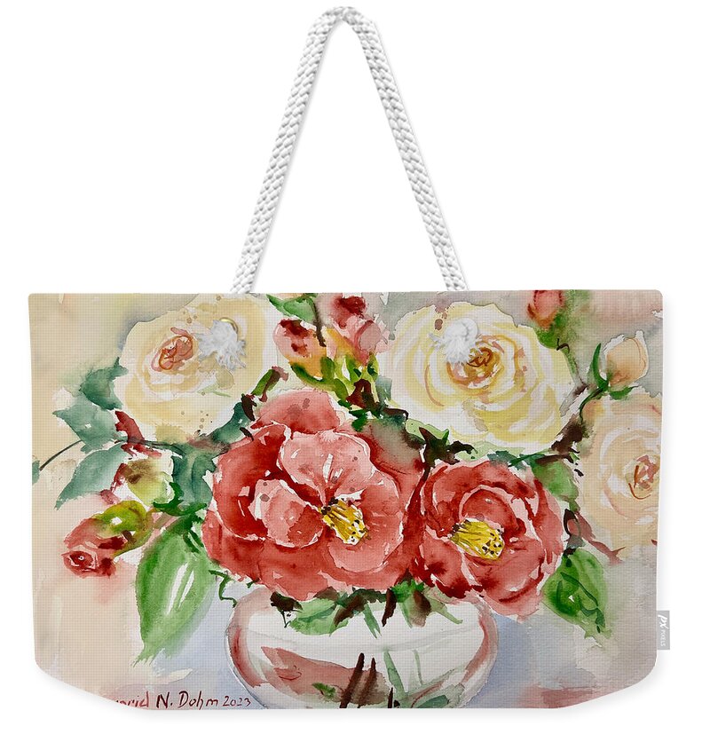 Flowers Weekender Tote Bag featuring the painting Camellias and Roses by Ingrid Dohm